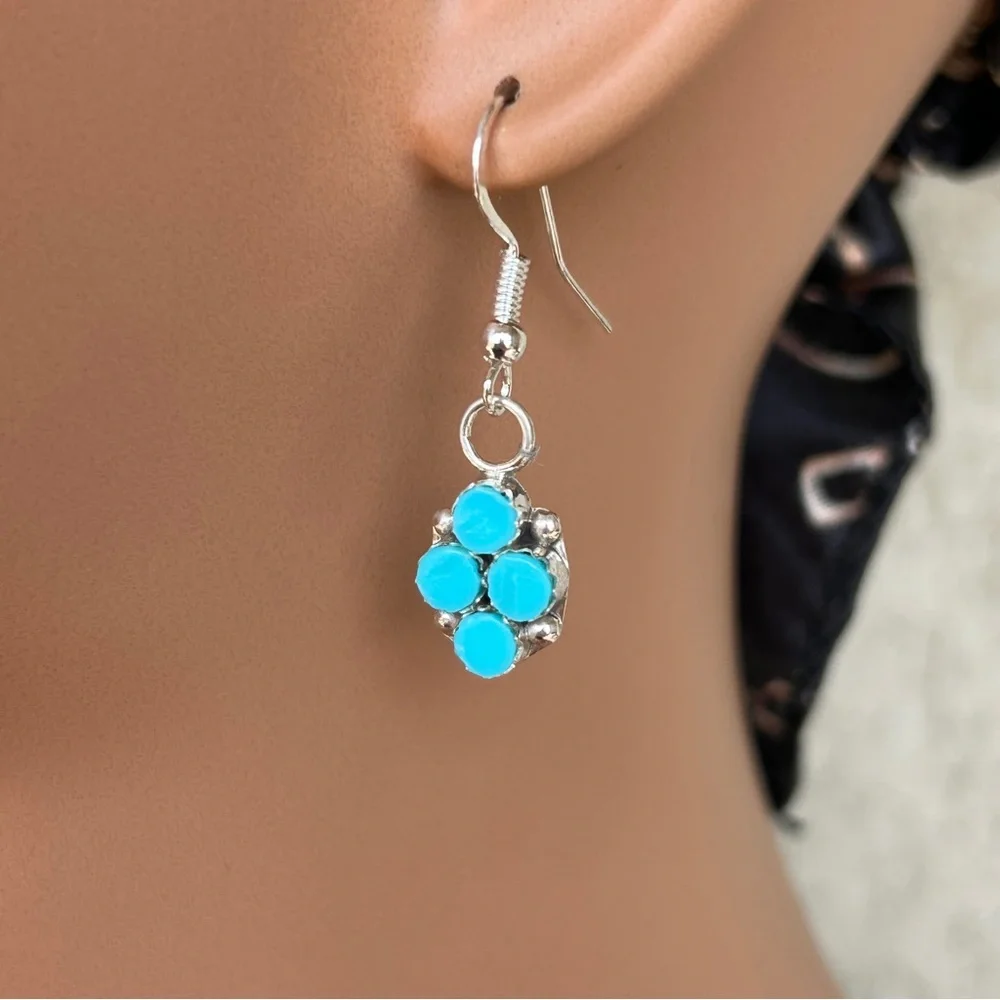 Zuni 925 Sterling Silver Turquoise Dangle Earrings - Picture 3 of 6